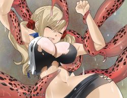 Rule 34 | 1girl, armpits, arms up, black skirt, breasts, cleavage, clenched teeth, colorized, eden&#039;s zero, closed eyes, gaston18, highres, large breasts, mashima hiro, midriff, miniskirt, navel, rebecca bluegarden, skirt, solo, teeth, tentacle grab, torn clothes, twintails