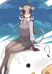 Rule 34 | 1girl, animal ears, black hair, black skirt, brown eyes, commentary, desert warthog (kemono friends), don3, gloves, grey hair, grey vest, hair ornament, high heels, kemono friends, long hair, long sleeves, looking at viewer, multicolored hair, pantyhose, parted lips, pencil skirt, pig, ponytail, shirt, sitting, sitting on animal, skirt, smile, solo, tail, vest, white shirt, wing collar