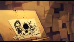 Rule 34 | 1girl, 2boys, alice angel, bendy, bendy and the ink machine, boris the wolf, covered face, drawing, drawing board, english text, food, ink, ink stain, koto inari, multiple boys, on wall, paper, picnic basket, sandwich, silhouette, splashing