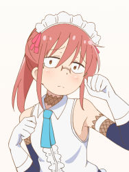 Rule 34 | 1girl, alternate costume, armpit peek, bare shoulders, blue necktie, blush, choker, collared shirt, cosplay, elbow gloves, enmaided, flat chest, frills, frown, furrowed brow, glasses, gloves, hair between eyes, hands up, highres, kobayashi-san chi no maidragon, kobayashi (maidragon), maid, maid headdress, medium hair, necktie, paw pose, red eyes, red hair, shirt, short necktie, short ponytail, shy, simple background, sleeveless, sleeveless shirt, solo, tachi yuzuki, tohru (maidragon), tohru (maidragon) (cosplay), upper body, white background, white gloves