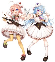 Rule 34 | 2girls, :d, :o, absurdres, ahoge, black footwear, blue eyes, blue hair, blush, checkerboard cookie, collared shirt, cookie, dress shirt, fang, food, food on face, fork, frilled skirt, frilled socks, frills, hair ornament, hairclip, heterochromia, highres, holding, holding fork, holding knife, holding spoon, knife, long hair, looking at viewer, low twintails, multiple girls, open mouth, original, outstretched arm, pink hair, pleated skirt, puffy short sleeves, puffy sleeves, purple eyes, red eyes, satou saya, shirt, shoes, short sleeves, simple background, skirt, smile, socks, spoon, thighhighs, twintails, very long hair, white background, white shirt, white skirt, white socks, yellow thighhighs