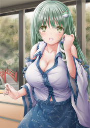 Rule 34 | 1girl, :d, akino irori, bare shoulders, blue skirt, blush, breasts, bridge, cleavage, collarbone, commentary request, cowboy shot, detached sleeves, frog hair ornament, green eyes, green hair, hair between eyes, hair ornament, hair tubes, hand up, highres, indoors, kochiya sanae, large breasts, leaning forward, long hair, looking at viewer, navel, open mouth, shirt, skirt, sleeveless, sleeveless shirt, smile, snake hair ornament, solo, touhou, very long hair, white shirt, wide sleeves, window, wing collar