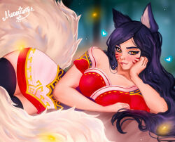 Rule 34 | 1girl, ahri (league of legends), animal ears, artist name, bare shoulders, bodystocking, breasts, cleavage, facial mark, fox ears, fox tail, gold trim, highres, large breasts, league of legends, long hair, looking at viewer, meowtastic, outdoors, solo, tail, thighlet