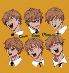 Rule 34 | 1boy, angry, black necktie, blonde hair, chainsaw man, clone, collar, denji (chainsaw man), disgust, happy, head only, highres, looking at viewer, looking to the side, male focus, messy hair, multiple views, necktie, open mouth, portrait, sharp teeth, short hair, smile, solo, tasuketemama, teeth, yellow eyes