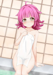 Rule 34 | 1girl, absurdres, ahoge, arm support, bathing, blunt bangs, blunt ends, blush, breasts, collarbone, commentary request, covering privates, expressionless, hand up, head tilt, highres, holding, holding towel, indoors, kinnikku, looking at viewer, love live!, love live! nijigasaki high school idol club, naked towel, nude cover, pink hair, short hair, sidelocks, sitting, small breasts, solo, steam, tennoji rina, thighs, tile wall, tiles, towel, water, white towel, yellow eyes