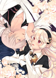 Rule 34 | 1boy, 1girl, armor, armored dress, black gloves, corrin (female) (fire emblem), corrin (fire emblem), couple, face-to-face, finger on nose, fire emblem, fire emblem fates, flower, gloves, hair ribbon, hairband, hand on another&#039;s face, hetero, jakob (fire emblem), kero sweet, long sleeves, lying, medium hair, nintendo, on back, open mouth, pointy ears, ponytail, red eyes, ribbon, shirt, silver hair, vest