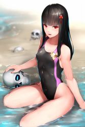 Rule 34 | 1girl, black hair, black one-piece swimsuit, bug, butterfly, competition swimsuit, fate/grand order, fate (series), flat chest, highres, insect, kageshio (276006), koha-ace, long hair, looking at viewer, oda nobunaga (fate), oda nobunaga (koha-ace), one-piece swimsuit, red eyes, sitting, skull, solo, swimsuit, waves, yokozuwari
