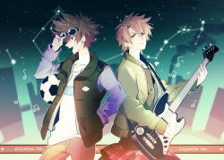 Rule 34 | 10s, 2boys, adjusting goggles, ball, bass guitar, beamed quavers, blonde hair, brown hair, clothes writing, constellation, contrapposto, digimon, digimon adventure tri., dog tags, fang, goggles, guitar, hair between eyes, holding guitar, holding instrument, instrument, ishida yamato, jacket, jewelry, looking at viewer, male focus, multiple boys, musical note, necklace, profile, quaver, scorpius (constellation), short hair, silhouette, sky, soccer ball, spiked hair, standing, star (sky), starry sky, telstar, xhouz, yagami taichi