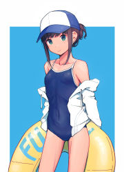 Rule 34 | 1girl, baseball cap, black hair, blue background, blue hat, blue one-piece swimsuit, competition school swimsuit, covered navel, flat chest, fubuki (kancolle), green eyes, hat, highres, holding, holding swim ring, innertube, kantai collection, low ponytail, multicolored clothes, multicolored hat, nakaaki masashi, navel, one-piece swimsuit, ponytail, school swimsuit, short ponytail, sidelocks, simple background, solo, swim ring, swimsuit, white hat