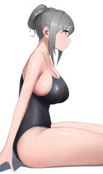 Rule 34 | 1girl, bare shoulders, black one-piece swimsuit, blush, breasts, cleavage, commentary, grey hair, highres, idolmaster, idolmaster cinderella girls, kanzaki ranko, one-piece swimsuit, school swimsuit, senju (snz0), sitting, solo, swimsuit, thighs