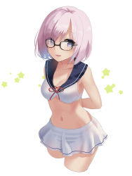 Rule 34 | 1girl, alternate costume, bikini, blush, breasts, cleavage, cowboy shot, fate/grand order, fate (series), glasses, hair over one eye, looking at viewer, mash kyrielight, naruse chisato, navel, open mouth, purple eyes, purple hair, sailor bikini, sailor collar, short hair, smile, solo, star (symbol), swimsuit, white background