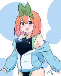 Rule 34 | 1girl, :d, armpits, arms at sides, bare shoulders, black one-piece swimsuit, blue background, blue eyes, blue jacket, blush, breasts, competition swimsuit, eyebrows hidden by hair, go-toubun no hanayome, green ribbon, hair between eyes, hair ribbon, highres, jacket, kujou karasuma, long sleeves, looking at viewer, medium breasts, nakano yotsuba, off shoulder, one-piece swimsuit, open clothes, open jacket, open mouth, orange hair, ribbon, signature, sleeves past wrists, smile, solo, swimsuit, swimsuit under clothes, two-tone background, white background