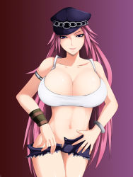 Rule 34 | 1girl, armlet, bracelet, breasts, brown eyes, capcom, cleavage, cutoffs, final fight, hat, hip focus, huge breasts, jewelry, large breasts, legs, long hair, looking at viewer, midriff, navel, no panties, notta (takeno), open fly, peaked cap, pink hair, poison (final fight), short shorts, shorts, simple background, solo, street fighter, street fighter iv (series), tank top, undressing, unzipped, wristband