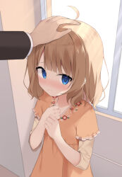 Rule 34 | 1boy, 1girl, ahoge, blue eyes, blush, brown dress, brown hair, closed mouth, day, dress, flower, hair flower, hair ornament, hands up, headpat, idolmaster, idolmaster million live!, indoors, layered sleeves, long sleeves, looking at viewer, nose blush, out of frame, own hands together, producer (idolmaster), short over long sleeves, short sleeves, solo focus, sunlight, suou momoko, usagimiko, white flower, window