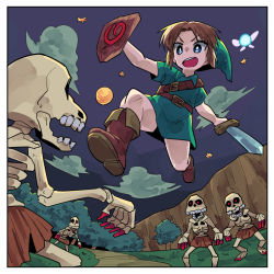 Rule 34 | 1boy, belt, blue eyes, brown hair, cliff, cloud, deku shield, fairy, fighting, forest, grass, green hat, green tunic, hat, link, moon, nature, night, nintendo, outdoors, shield, skeleton, star (symbol), sword, the legend of zelda, the legend of zelda: ocarina of time, tonmoh, weapon, wooden shield, young link
