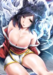 Rule 34 | 1girl, ahri (league of legends), animal ears, bare shoulders, black hair, breasts, cleavage, collarbone, detached sleeves, facial mark, fox ears, fox tail, highres, korean clothes, large breasts, league of legends, lips, long hair, multiple tails, slit pupils, solo, tail, touki (tsuitta), whisker markings, yellow eyes