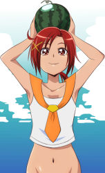 Rule 34 | 10s, 1girl, armpits, arms up, bad id, bad pixiv id, bottomless, food, fruit, groin, hino akane (smile precure!), looking at viewer, oimanji, out-of-frame censoring, precure, red eyes, red hair, short hair, smile, smile precure!, solo, watermelon