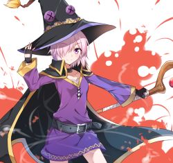 Rule 34 | 1girl, alternate color, alternate costume, alternate hair color, bandages, belt, black cape, cape, collar, collarbone, cosplay, dress, fate/grand order, fate (series), fingerless gloves, gloves, hair over one eye, hand on headwear, hat, holding, holding staff, kono subarashii sekai ni shukufuku wo!, long sleeves, looking at viewer, mash kyrielight, megumin, megumin (cosplay), purple eyes, purple hair, sarashi, voice actor connection, short hair, smile, solo, staff, takahashi rie, tsuezu, witch hat