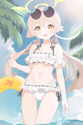 Rule 34 | 1girl, absurdres, bikini, blue archive, blue sky, chinese commentary, clenched hand, cloud, commentary request, day, eyewear on head, frilled bikini, frills, hair flaps, halo, hifumi (blue archive), hifumi (swimsuit) (blue archive), highres, light brown hair, low twintails, navel, ocean, official alternate costume, outdoors, palm tree, ribbon-trimmed bikini, ribbon-trimmed swimsuit, ribbon trim, shirao shiki, side-tie bikini bottom, sky, solo, stomach, sunglasses, swim ring, swimsuit, tree, twintails, water drop, yellow eyes, yellow halo