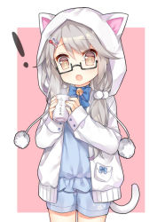 Rule 34 | !, 1girl, :o, animal hood, bell, blue bow, blue bowtie, blue shorts, blush, bow, bowtie, bright pupils, brown eyes, cat hood, cat tail, coffee cup, cowboy shot, cup, disposable cup, fang, hair ornament, hair over shoulder, hairclip, holding, holding cup, hood, hood up, hoodie, jingle bell, long hair, long sleeves, looking at viewer, low ponytail, ning hai (warship girls r), open clothes, open hoodie, open mouth, pajamas, pink background, pocket, pom pom (clothes), shorts, silver hair, simple background, sleeves past wrists, solo, standing, steam, tail, tengxiang lingnai, warship girls r