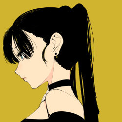 Rule 34 | 1girl, absurdres, black hair, black shirt, blue eyes, choker, earrings, girl crush, highres, jewelry, jin rou, long hair, off-shoulder shirt, off shoulder, portrait, profile, shirt, simple background, solo, twintails, yellow background