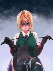Rule 34 | 1girl, black gloves, black thighhighs, blonde hair, blush, braid, cum, cum on body, cum on feet, cum on legwear, doushi tatsu to dekkai no, elbow gloves, feet, femdom, foot focus, from below, gloves, green vest, highres, holding, holding whip, kantai collection, looking at viewer, medium hair, necktie, open mouth, perspective, perth (kancolle), pulque, purple eyes, purple necktie, purple skirt, sadism, shaded face, shading eyes, shirt, simple background, sitting, skirt, solo, suggestive fluid, thighhighs, vest, whip, white shirt
