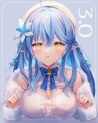 Rule 34 | 1girl, :i, ahoge, armpit crease, bare shoulders, beret, blue bow, blue bowtie, blue hair, blush, bow, bowtie, braid, breasts, buttons, center frills, cleavage, cleavage cutout, clenched hand, closed mouth, clothing cutout, coat, colored tips, commentary request, cropped torso, crossed bangs, double-parted bangs, flower, frilled shirt, frills, fur-trimmed coat, fur trim, hair between eyes, hair flower, hair ornament, hat, hololive, kmes niku, large breasts, long hair, looking at viewer, multicolored hair, off shoulder, plaid, plaid bow, plaid bowtie, pointy ears, pout, shirt, side braids, sleeveless, sleeveless shirt, snowflake hair ornament, solo, streaked hair, upper body, virtual youtuber, w arms, white hat, white shirt, yellow eyes, yukihana lamy, yukihana lamy (1st costume)