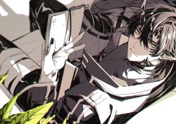 Rule 34 | 1boy, 1other, arknights, bishounen, black hair, black nails, book, couch, doctor (arknights), flamebringer (arknights), from above, looking at viewer, male focus, material growth, nail polish, oripathy lesion (arknights), pointy ears, short hair, sitting, sleeping, solo focus, toriyoshi, yellow eyes
