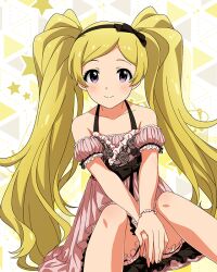 Rule 34 | 1girl, bare shoulders, between legs, black hairband, blonde hair, blush, bracelet, collarbone, detached sleeves, dot nose, emily stewart, eyelashes, flat chest, floral print, fluffy hair, frilled negligee, frills, hairband, halterneck, hand between legs, idolmaster, idolmaster million live!, idolmaster million live! theater days, jewelry, layered nightgown, light smile, long hair, looking at viewer, official alternate costume, official art, own hands together, parted bangs, pink negligee, puffy detached sleeves, puffy sleeves, purple eyes, ribbon-trimmed sleeves, ribbon trim, rose print, sexy beautiful (idolmaster), sidelocks, sitting, solo, twintails, very long hair, wavy hair