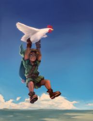Rule 34 | 1boy, bird, blonde hair, blue eyes, blue sky, brown gloves, chicken, cucco, day, flying, gloves, hat, highres, link, male focus, nintendo, scabbard, sheath, shield, shield on back, sky, smile, solo, the legend of zelda, the legend of zelda: ocarina of time, tunic, voodoothur, young link