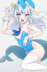 Rule 34 | 1girl, absurdres, animal ears, blue hair, blue leotard, blue nails, blue necktie, blunt bangs, breasts, collar, detached collar, fake animal ears, fins, fish tail, gawr gura, hair ornament, highres, hololive, hololive english, leotard, looking at viewer, magui3, multicolored hair, nail polish, necktie, open mouth, playboy bunny, rabbit ears, rabbit hair ornament, shark girl, shark tail, sharp teeth, sidelocks, small breasts, strapless, strapless leotard, streaked hair, tail, teeth, thighhighs, upper teeth only, virtual youtuber, white collar, white hair, white thighhighs, white wrist cuffs, wrist cuffs