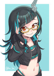 Rule 34 | 1girl, nanashi inc., belt, belt bra, bespectacled, black gloves, black hair, black jacket, black skirt, blue background, blue belt, blue hair, chest belt, clothing cutout, commentary request, cowboy shot, cropped jacket, demon girl, demon horns, fang, flat chest, glasses, gloves, grin, heebee, highres, horns, jacket, long hair, long sleeves, looking at viewer, midriff, multicolored hair, navel, open clothes, open jacket, partially fingerless gloves, pointy ears, red eyes, shishio chris, shoulder cutout, simple background, skirt, smile, solo, sugar lyric, twitter username, two-tone hair, virtual youtuber, white background, yellow-framed eyewear