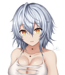 Rule 34 | 1girl, absurdres, bare shoulders, barettoarts, breasts, cleavage, code vein, colored skin, female focus, hair between eyes, highres, io (code vein), jewelry, large breasts, looking at viewer, necklace, open clothes, open mouth, short hair, simple background, solo, upper body, white background, white hair, white skin, yellow eyes