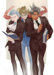 Rule 34 | 3boys, ace attorney, aged down, ascot, black necktie, black pants, black suit, book, brown eyes, damon gant, dated, eye contact, formal, green eyes, grey eyes, hand on another&#039;s shoulder, highres, holding, holding book, ichiyanagi bansai, jacket, jacket on shoulders, looking at another, male focus, manfred von karma, multiple boys, necktie, open book, pants, semi-rimless eyewear, standing, suit, tan, vm (as92402), white ascot
