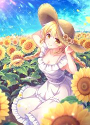 Rule 34 | 1girl, blonde hair, blue sky, blurry, blush, borrowed character, braid, breasts, cleavage, closed mouth, collarbone, commentary request, commission, depth of field, dress, feet out of frame, field, flower, flower field, frilled dress, frills, hair between eyes, hair ribbon, hands up, hat, hat flower, highres, kousetsu, leaf, long hair, looking at viewer, low twin braids, medium breasts, original, pixiv commission, red ribbon, ribbon, sidelocks, sky, sleeveless, sleeveless dress, smile, solo, sparkle, split mouth, standing, straw hat, sundress, sunflower, sunflower field, sunlight, twin braids, white dress, yellow eyes