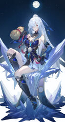 Rule 34 | 1girl, absurdres, bare shoulders, black gloves, blue dress, bottle, breasts, closed mouth, commentary request, detached sleeves, dress, echj, gloves, hair between eyes, high ponytail, highres, honkai: star rail, honkai (series), ice crystal, jingliu (honkai: star rail), long hair, long sleeves, looking at viewer, medium breasts, moon, night, ponytail, red eyes, ribbon, sake bottle, sitting, sky, solo, star (sky), starry sky, white background, white hair