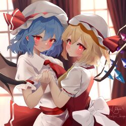 Rule 34 | 2girls, absurdres, allyss, artist name, ascot, bat wings, blonde hair, blue hair, blush, crystal wings, curtains, flandre scarlet, hat, hat ribbon, highres, holding hands, looking at viewer, mob cap, multiple girls, puffy short sleeves, puffy sleeves, red ascot, red eyes, red vest, remilia scarlet, ribbon, short hair, short sleeves, siblings, sisters, smile, touhou, vest, white headwear, window, wings, yellow ascot