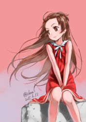 Rule 34 | 1girl, absurdres, brown eyes, brown hair, dokidoki! precure, dress, gradient background, highres, isedaichi ken, long hair, looking to the side, madoka aguri, precure, red dress, sailor collar, sitting, smile, solo, v arms, white sailor collar, wind
