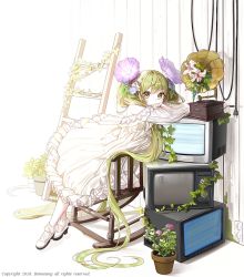 Rule 34 | 1girl, bad id, bad pixiv id, chair, dress, flower, green eyes, green hair, hair flower, hair ornament, hatsune miku, honnou (kjs9504), ladder, long hair, looking at viewer, matching hair/eyes, phonograph, plant, potted plant, rocking chair, solo, television, twintails, very long hair, vines, vocaloid, white dress