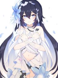 Rule 34 | 1girl, awe (adorableduckyy), bare shoulders, black hair, blue eyes, blue flower, blue hair, breasts, chest tattoo, closed mouth, commentary, dress, flower, hair between eyes, hair flower, hair ornament, highres, honkai (series), honkai impact 3rd, long hair, looking at viewer, medium breasts, multicolored hair, navel, seele vollerei, seele vollerei (herrscher of rebirth), simple background, sleeveless, sleeveless dress, smile, solo, symbol-only commentary, tattoo, two-tone hair, white background, white dress