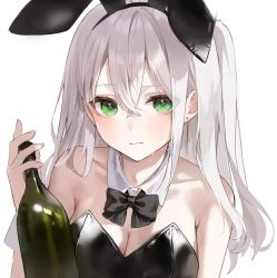 Rule 34 | 1girl, alcohol, animal ears, bare shoulders, black bow, black bowtie, black leotard, bow, bowtie, breasts, cleavage, collarbone, earrings, green eyes, highres, jewelry, knowa, large breasts, leotard, long hair, looking at viewer, original, parted bangs, playboy bunny, rabbit ears, simple background, solo, sweat, white background, white hair, wine, wrist cuffs