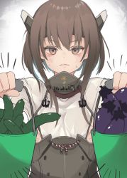 Rule 34 | 1girl, breasts, brown eyes, brown hair, bucket, cucumber, dated, eggplant, food, gradient background, hair between eyes, headband, headgear, highres, holding, holding bucket, kantai collection, looking at viewer, ruohire9, short hair, simple background, small breasts, solo, sweat, taihou (kancolle), twitter username, upper body, vegetable