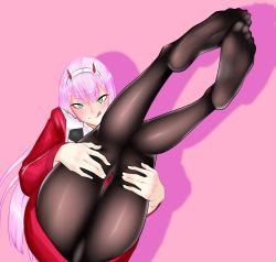 Rule 34 | 10s, 1girl, darling in the franxx, feet, green eyes, highres, legs up, licking lips, long hair, looking at viewer, no shoes, pantyhose, pink hair, soles, tongue, tongue out, zero two (darling in the franxx)