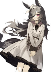 Rule 34 | 1girl, absurdres, animal ears, black hair, black ribbon, character request, collared dress, dress, floating hair, frilled dress, frills, grey dress, hair over one eye, hairband, highres, horse ears, horse girl, horse tail, long hair, long sleeves, neck ribbon, own hands together, pleated dress, puffy long sleeves, puffy sleeves, red eyes, ribbon, rice shower (umamusume), sh (shinh), simple background, solo, tail, umamusume, very long hair, white background, white hairband, white ribbon