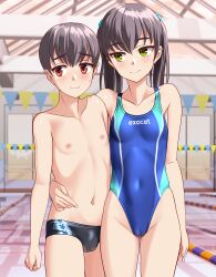 1boy 1girl absurdres age_difference black_hair black_male_swimwear blue_one-piece_swimsuit breasts cameltoe collarbone competition_swimsuit cowboy_shot facing_viewer green_eyes hand_on_another&#039;s_waist height_difference highres indoors lane_line looking_at_another male_swimwear multicolored_swimsuit navel nipples one-piece_swimsuit onee-shota original parted_lips pool red_eyes short_hair sideways_glance small_breasts string_of_flags swim_briefs swimsuit takafumi twintails variant_set