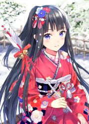 Rule 34 | 1girl, arrow (projectile), bad id, bad pixiv id, bell, black hair, blue eyes, blurry, blurry background, blush, commentary request, depth of field, floral print, hair ornament, hamaya, highres, holding, japanese clothes, jingle bell, kimono, long hair, long sleeves, looking at viewer, nanotaro, obi, one side up, original, red kimono, sash, smile, snow, solo, upper body, very long hair, wide sleeves