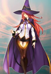 Rule 34 | 1girl, blazblue, blazblue alternative: dark war, breasts, cape, hair over one eye, hat, highres, konoe a. mercury, large breasts, long hair, official alternate costume, official art, pink hair, purple hat, solo, thighhighs, witch hat, yellow eyes