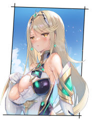 Rule 34 | 1girl, bare shoulders, blonde hair, breasts, chest jewel, cleavage, cleavage cutout, clothing cutout, dress, elbow gloves, gloves, inoue takuya (tactactak), large breasts, long hair, mythra (xenoblade), nintendo, short dress, solo, swept bangs, tiara, very long hair, white dress, white gloves, xenoblade chronicles (series), xenoblade chronicles 2, yellow eyes