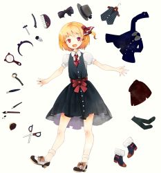 Rule 34 | 1girl, adapted costume, blonde hair, boots, clothes, hair ornament, hair ribbon, hairband, hairclip, hat, highres, jacket, murani, open mouth, red eyes, ribbon, rumia, short hair, simple background, socks, solo, stationery, touhou, unworn boots, unworn hair ornament, unworn hairband, unworn hairclip, unworn hat, unworn headwear, unworn jacket, white background