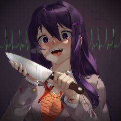 Rule 34 | 1girl, :d, artist name, blood, blood on clothes, blood on hands, blush, breasts, cardiogram, cleavage, commentary, cuts, doki doki literature club, english commentary, fangs, grey jacket, hair between eyes, hair ornament, hairclip, heart, heart in eye, heavy breathing, holding, holding knife, injury, jacket, knife, long hair, long sleeves, looking at viewer, open mouth, purple eyes, purple hair, sasoura, school uniform, self-harm, shirt, smile, solo, spoilers, sweat, symbol in eye, upper body, white shirt, yandere, yuri (doki doki literature club)